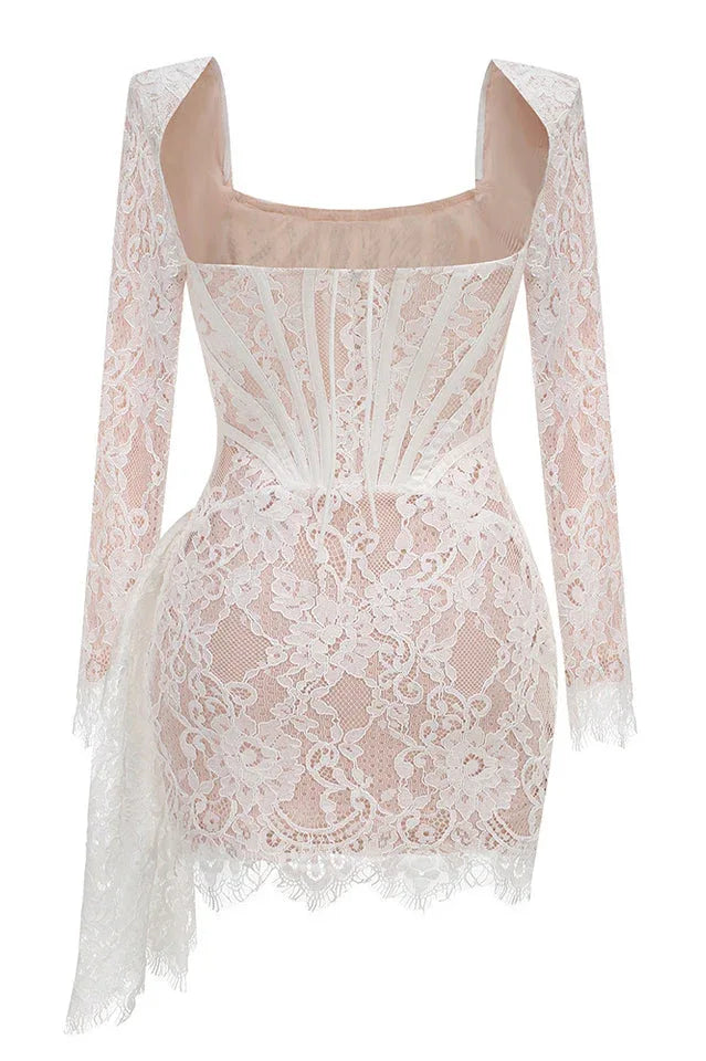 Lace Mini Dress with Square Neckline - View 10 | TEVQA