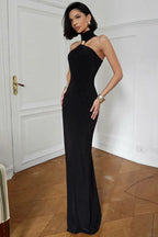 Floor length halter dress with gold trim - View 9 | TEVQA