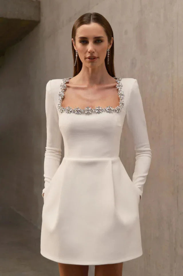 White crepe mini dress with embellished square neckline and long sleeves - View 6 | TEVQA