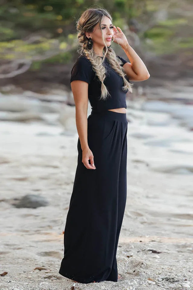 Casual two piece set with high-waisted wide leg pants and crop top - View 8 | TEVQA