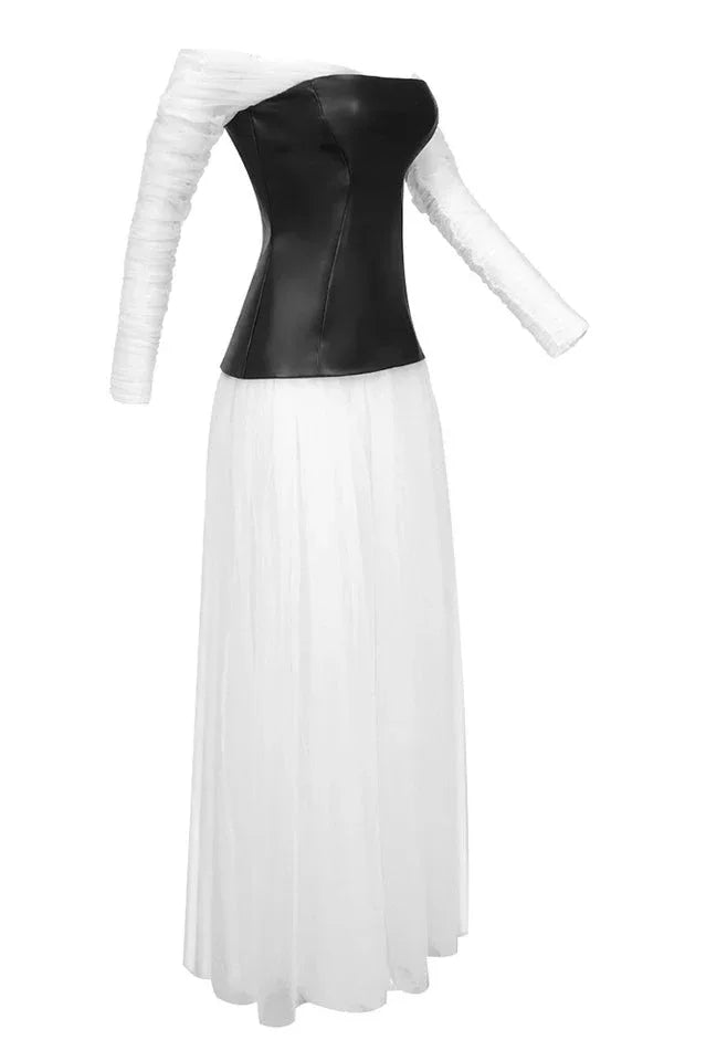 White mesh patchwork ballgown formal dress with off-the-shoulder neckline and long sheer sleeves - View 11 | TEVQA