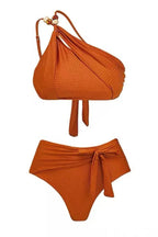 Orange textured one-shoulder bikini top and high-waisted bottoms