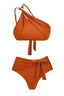 Orange textured one-shoulder bikini top and high-waisted bottoms
