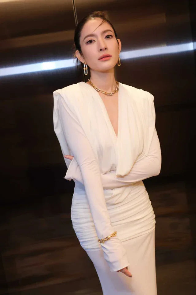 White long sleeve maxi dress with cowl neck - View 9 | TEVQA