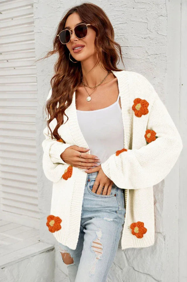 Camel 3D Floral Lantern Sleeve Cardigan - View 16 | TEVQA