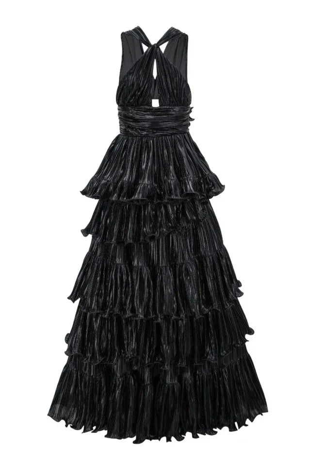 Tiered Halter Neck Metallic Gold Lamé Dress - View 11 | TEVQA