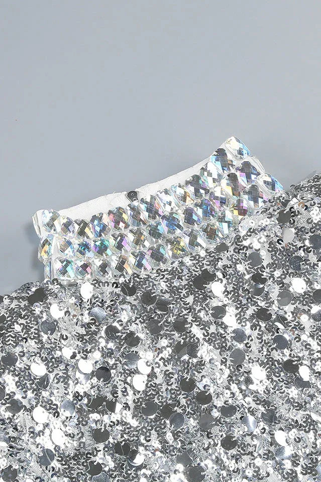 Silver sequin mini dress with high neckline and long sleeves - View 7 | TEVQA