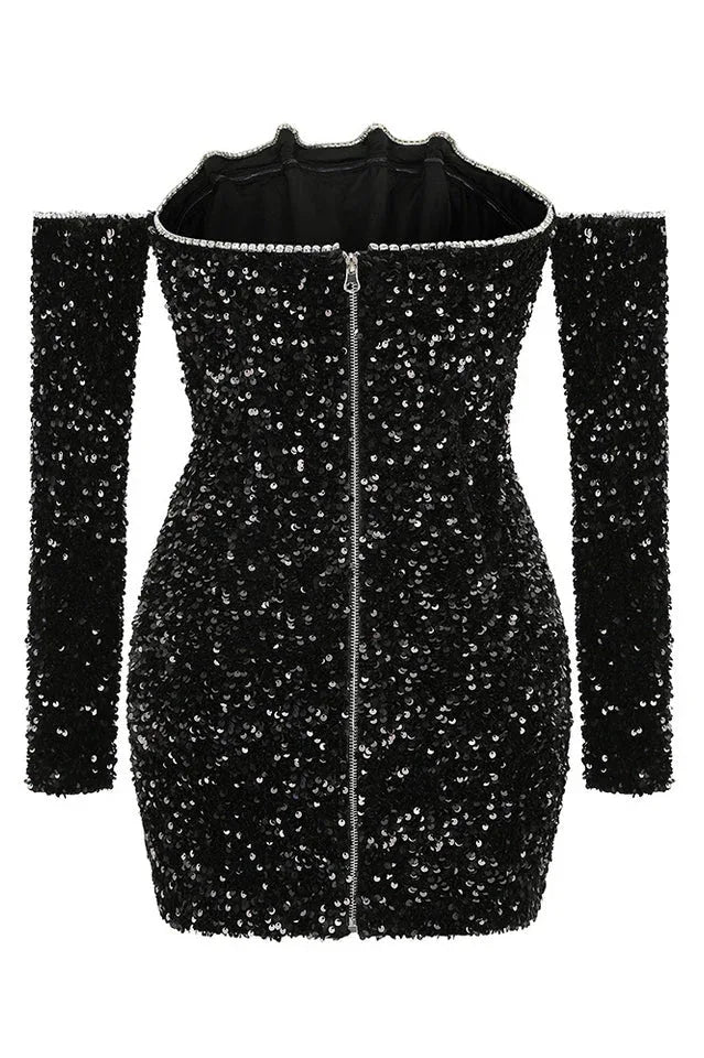 Black sequin off shoulder long sleeve mini dress - View 6 | TEVQA