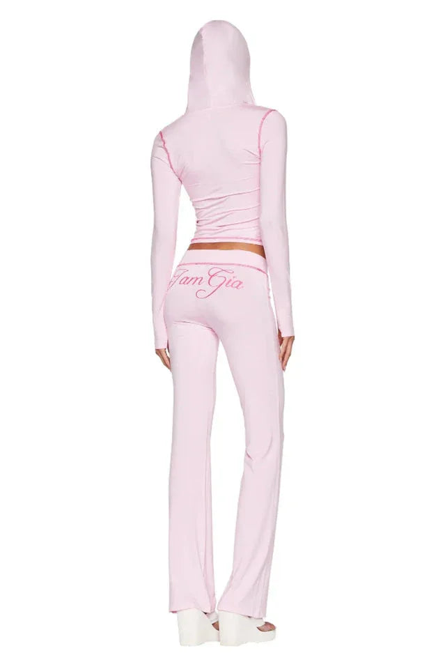Fitted knit hoodie and trackpant set with V-neckline and thumbholes - View 9 | TEVQA