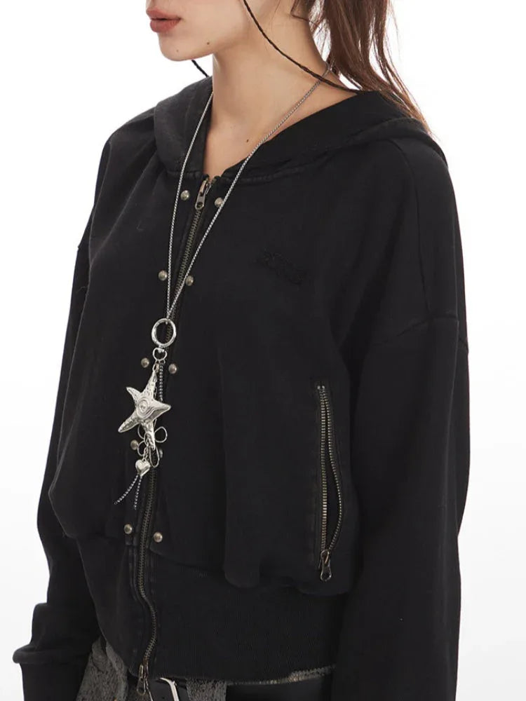 Grunge Y2K Distressed Cropped Zip-Up Hoodie - TEVQA