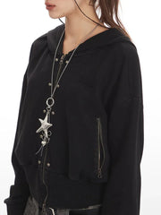 Grunge Y2K Distressed Cropped Zip-Up Hoodie - TEVQA