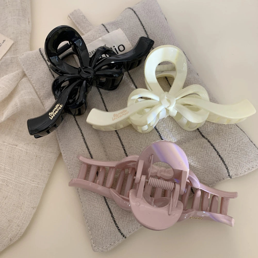 Elegant Ribbon Bow Hair Claw Clip - 5 Inch Large Matte Clip for Thick Hair