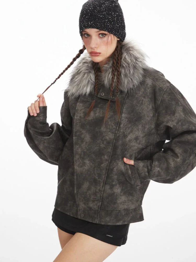 Vintage Distressed Faux Suede Biker Jacket - TEVQA