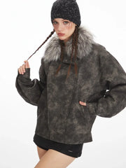 Vintage Distressed Faux Suede Biker Jacket - TEVQA