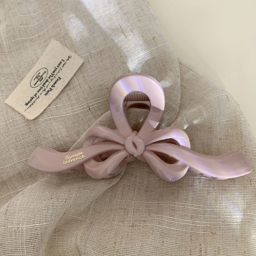 Elegant Ribbon Bow Hair Claw Clip - 5 Inch Large Matte Clip for Thick Hair