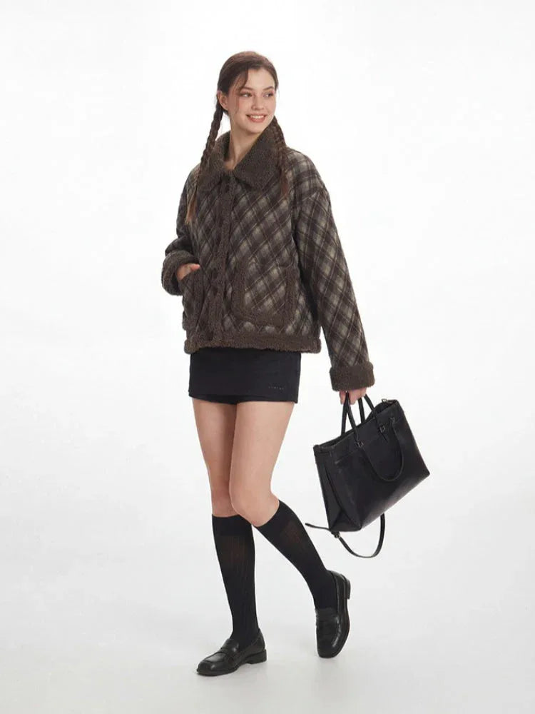 Vintage Plaid Sherpa-Trim Padded Jacket - TEVQA