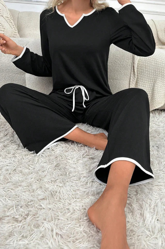 Black Lounge Set with White Contrast Piping, Long Sleeve V-Notch Top & Pants - Classic Pajamas