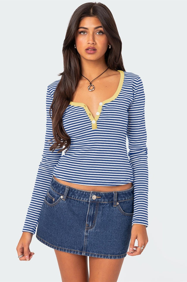 Buttoned Striped Long Sleeve T-Shirt | Dress In Beauty