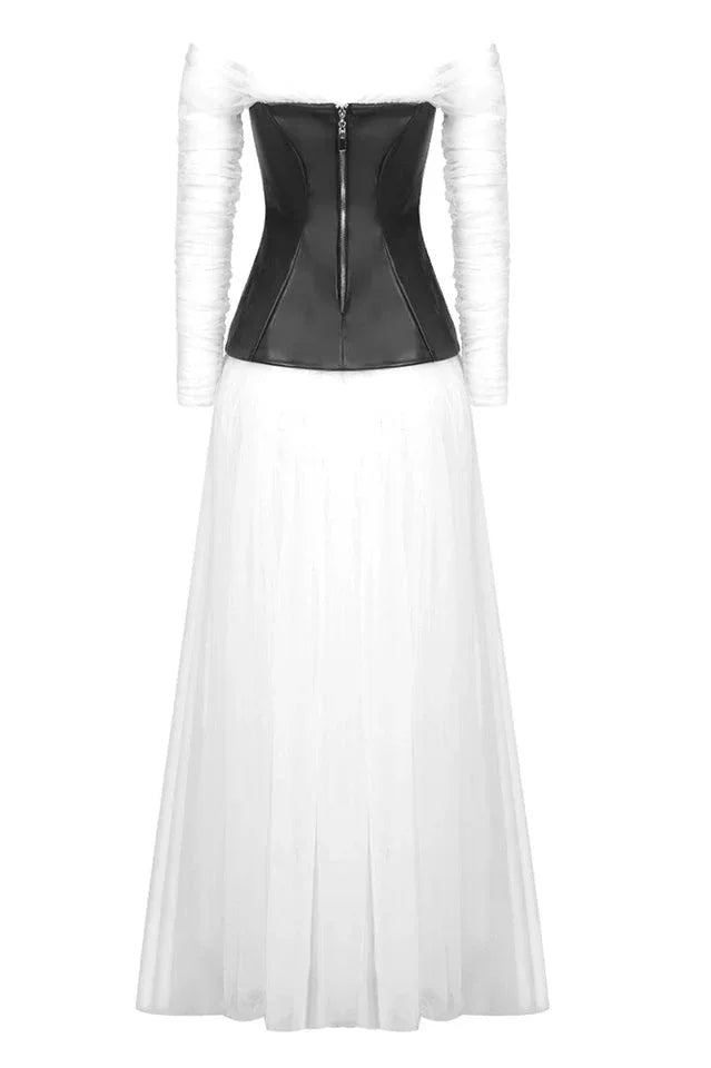 White mesh patchwork ballgown formal dress with off-the-shoulder neckline and long sheer sleeves - View 12 | TEVQA