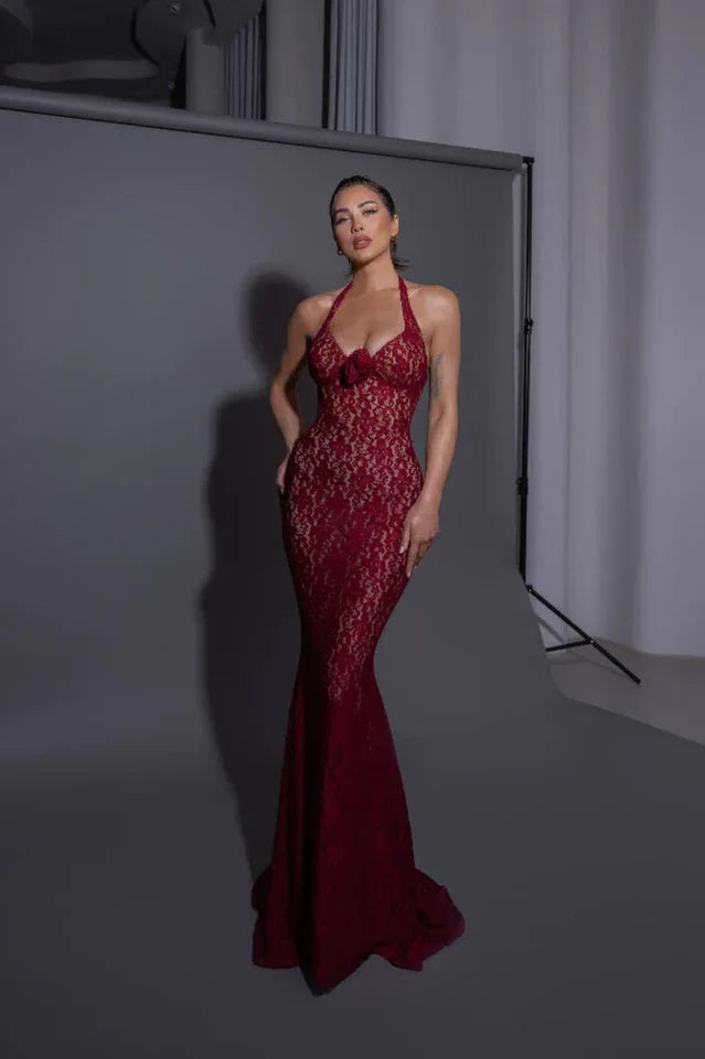 Toby Halterneck Floral Lace Maxi Dress - TEVQA