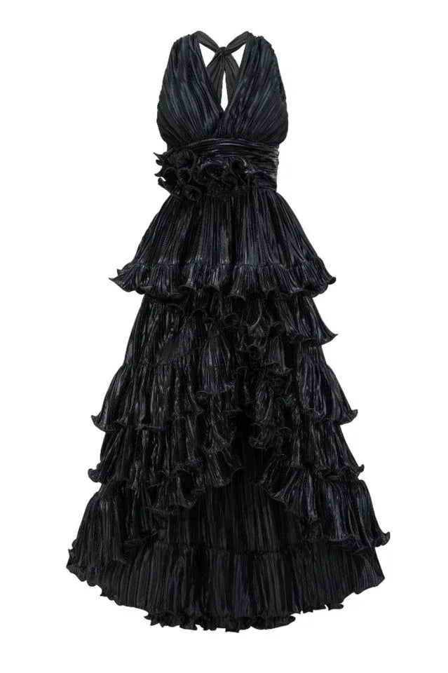 Tiered Halter Neck Metallic Gold Lamé Dress - View 10 | TEVQA