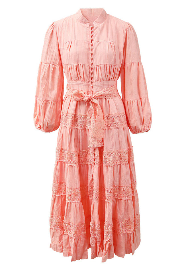 Sabina Stand Collar Lace Trim Maxi Dress | Dress In Beauty