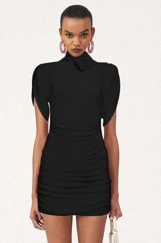 Ruched Mock Neck Mini Dress - View 8 | TEVQA