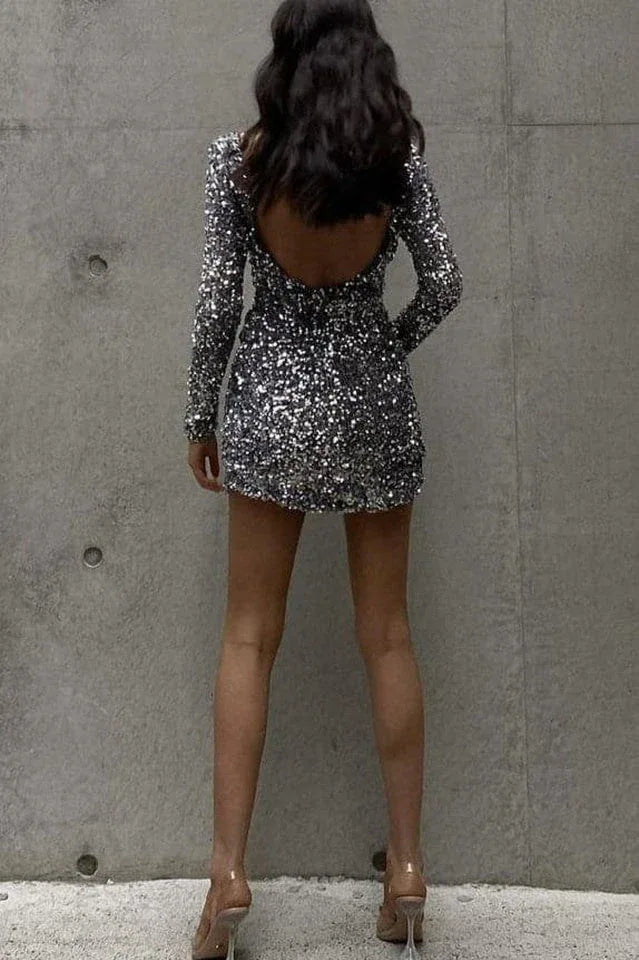 Sequin mini dress with tie back detail - View 13 | TEVQA