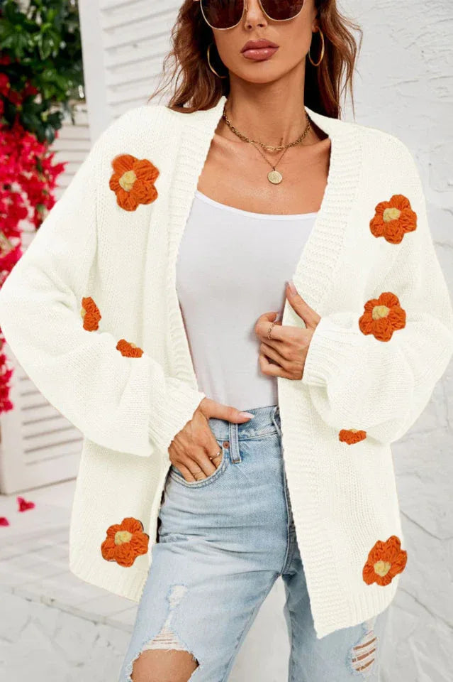 Camel 3D Floral Lantern Sleeve Cardigan - View 17 | TEVQA
