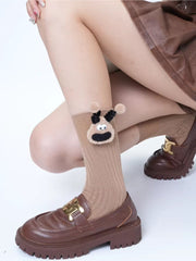 Khaki ribbed crew socks with a 3D monster patch - View 6 | TEVQA