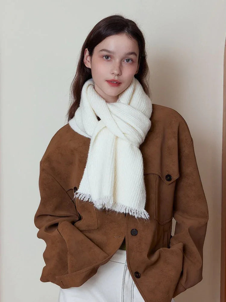 Cream Wool Blend Ribbed Scarf - TEVQA
