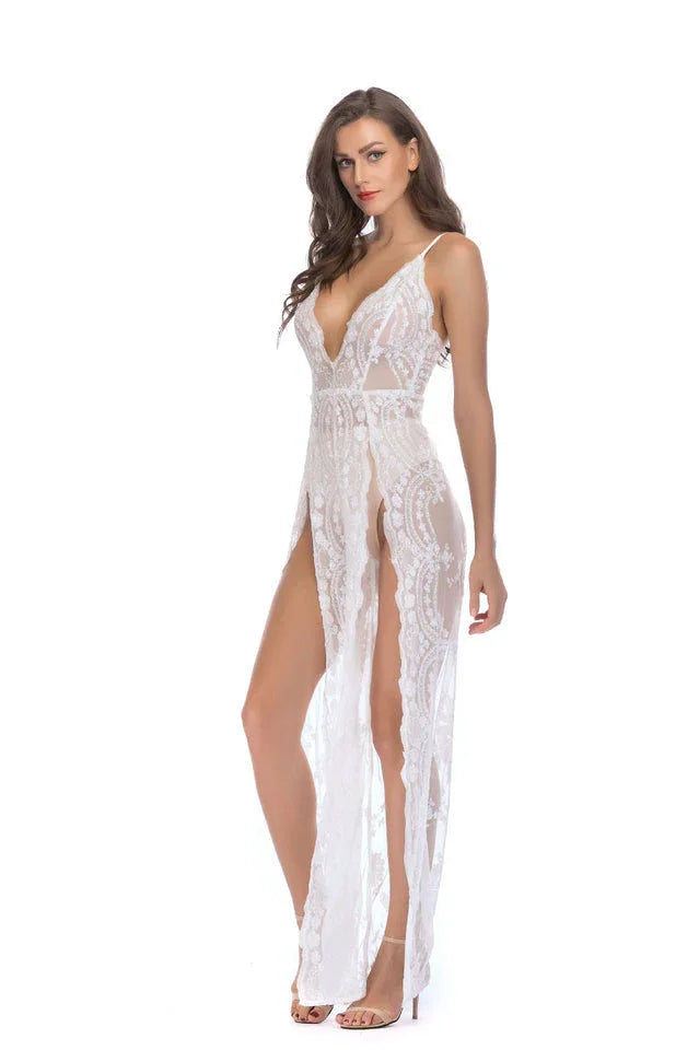 Sequined lace maxi dress with high slit - View 16 | TEVQA