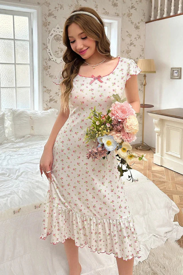 White Ditsy Floral Print Nightgown with Pink Lettuce Trim, Ruffle Hem Midi Sleep Dress - Coquette Loungewear