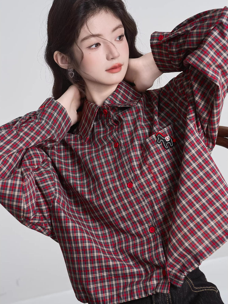 Red Plaid Drop Shoulder Cropped Button Shirt