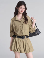 Khaki Utility Cargo Shirt & Bubble Skirt Set