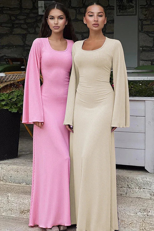 Long sleeve maxi dress with bell sleeves and lace-up back - View 18 | TEVQA