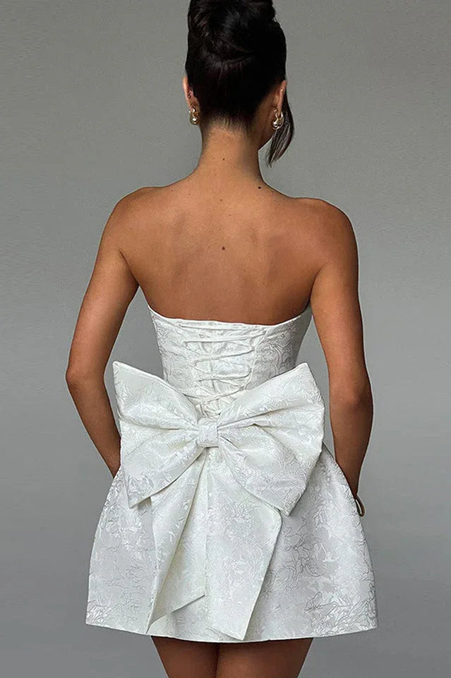 Jacquard Print Tube Back Bow Mini Dress - View 7 | TEVQA