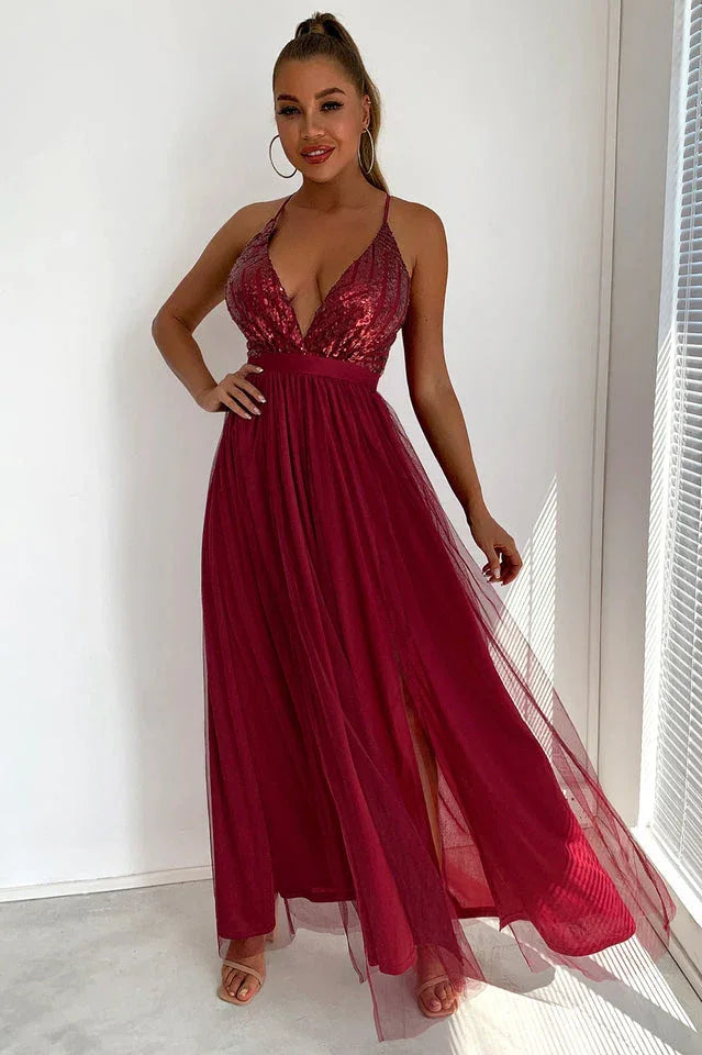 Sequin Tulle Evening Gown - View 15 | TEVQA