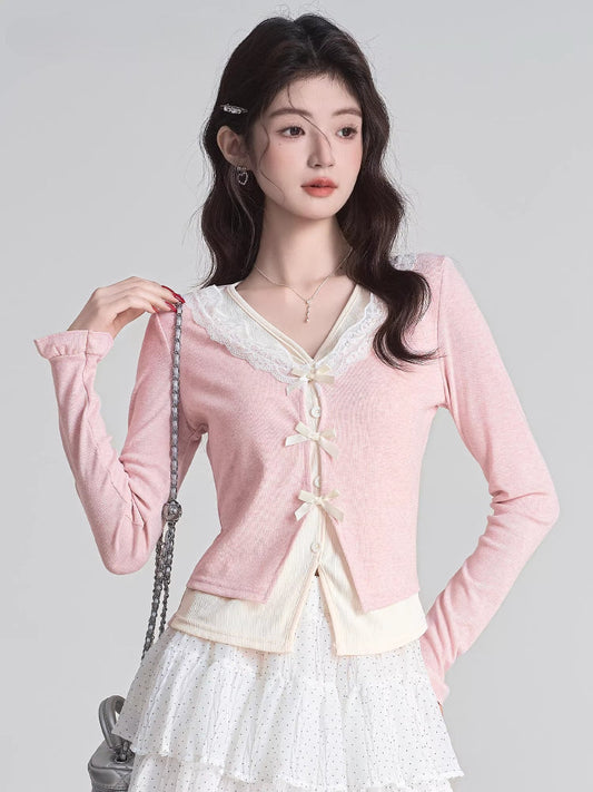 Pink Faux Two-Piece Bow Detail Knit Cardigan Top