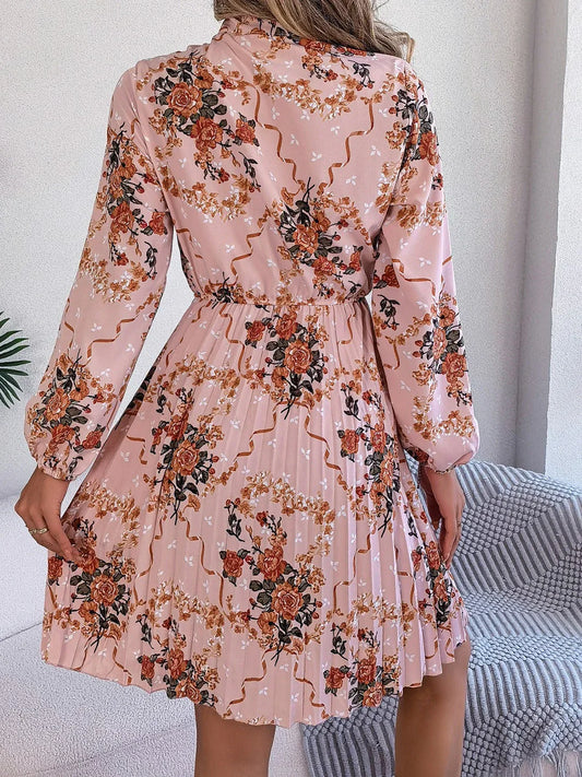 Vintage Pink Floral Pleated Dress - TEVQA