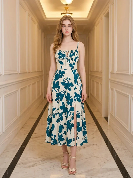 Woman wearing a floral print midi dress with spaghetti straps and a tie front detail, standing in a hallway.