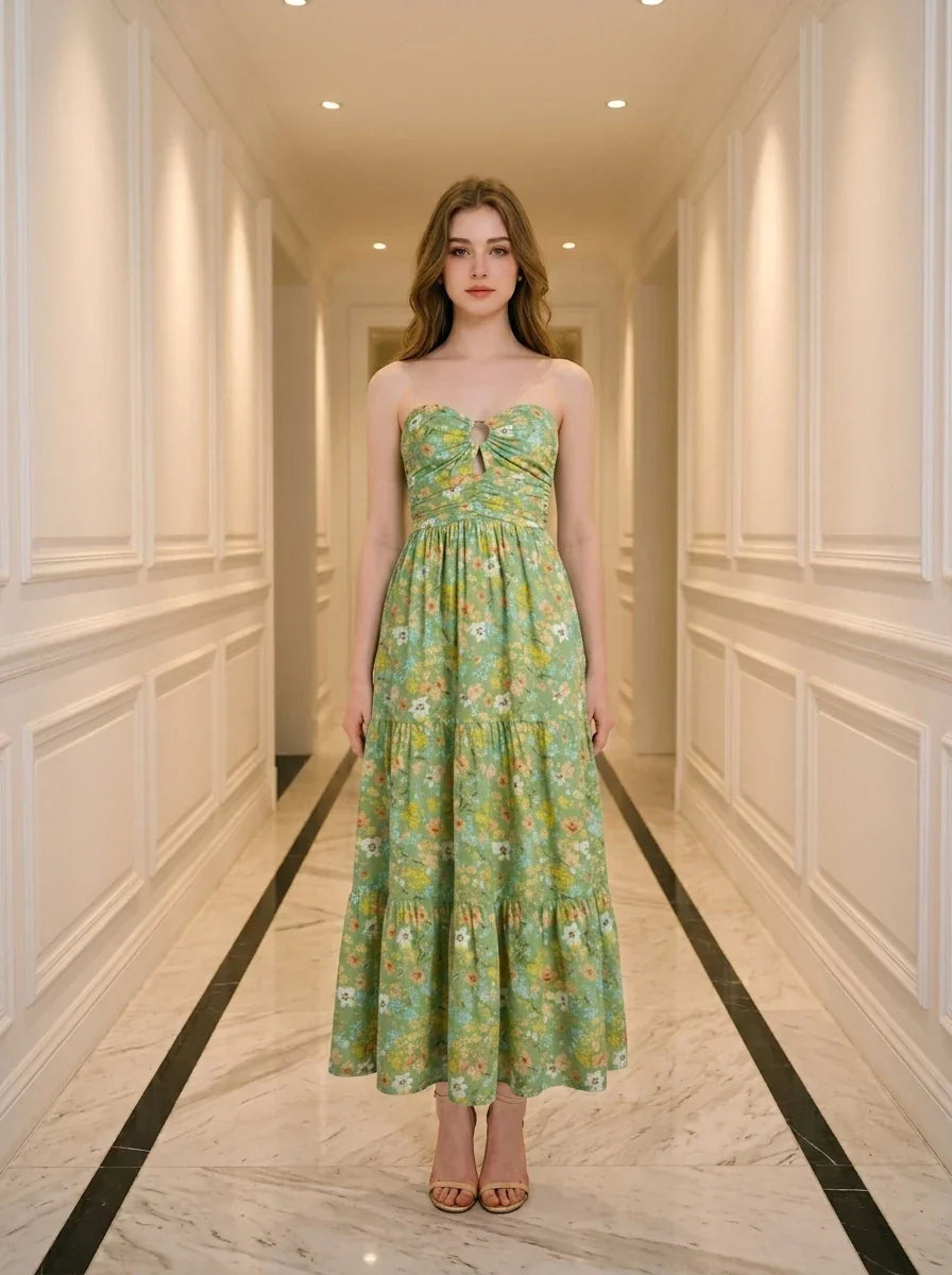 Tiered Floral Strapless Maxi Dress Sage Green