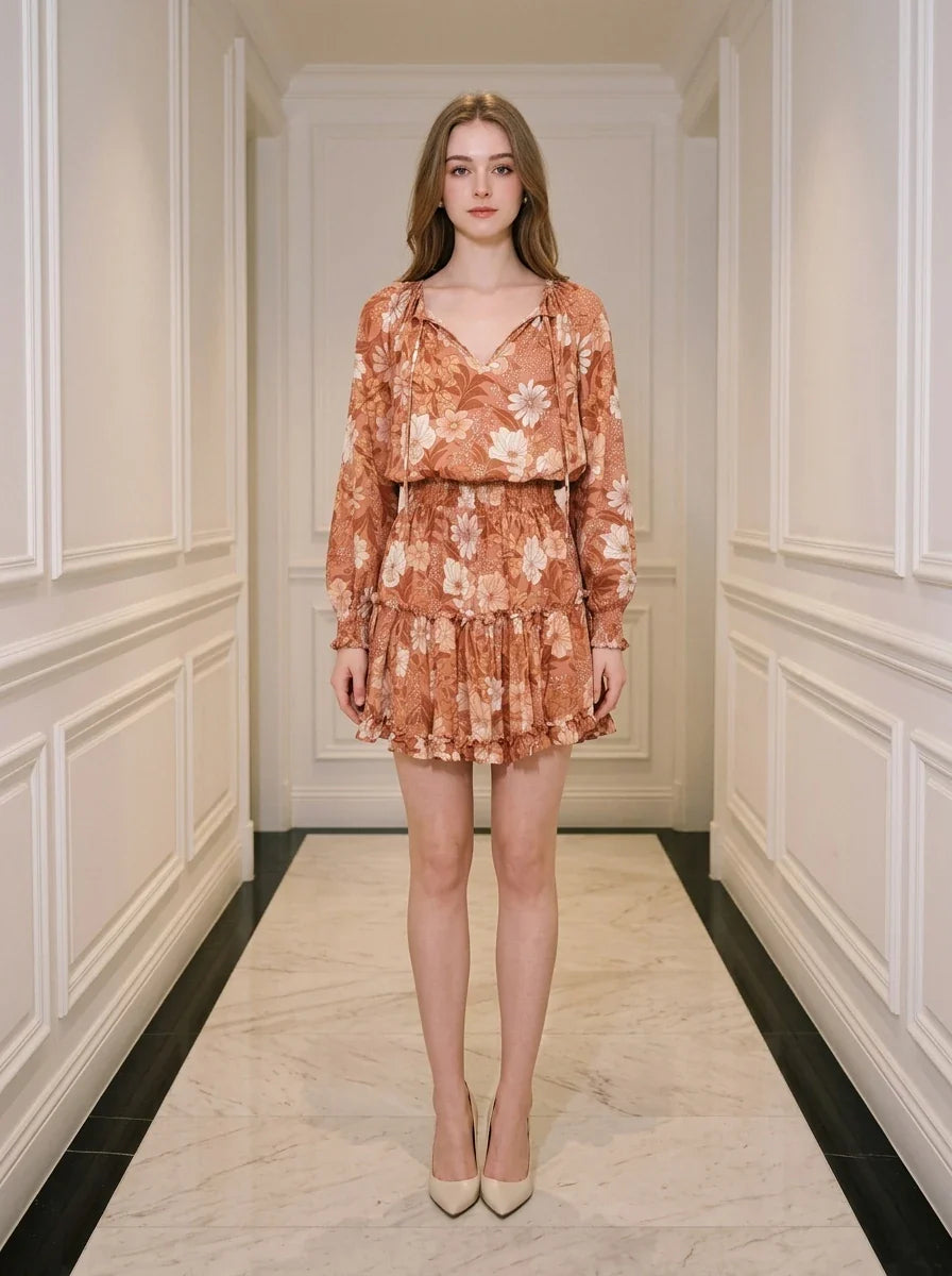 Woman standing in a hallway wearing a floral print mini dress with long sleeves and a V-neck.