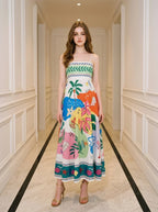 Tropical Beach Graphic Print Maxi Dress White