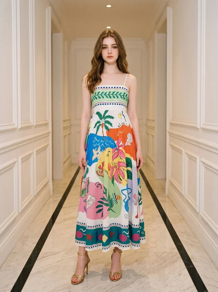 Tropical Beach Graphic Print Maxi Dress White