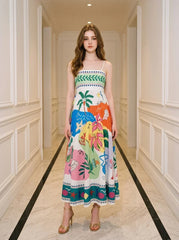 Tropical Beach Graphic Print Maxi Dress White