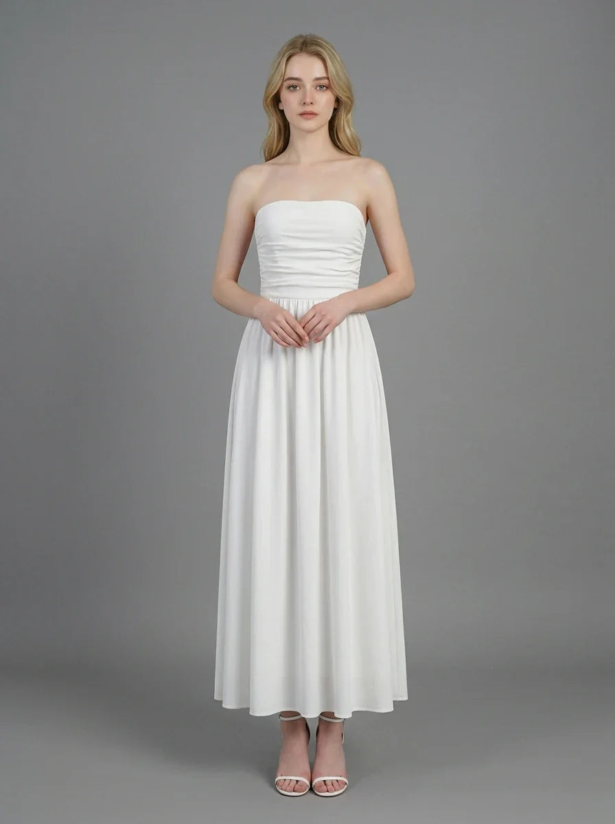 White Strapless Pleated Linen Maxi Dress