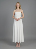 White Strapless Pleated Linen Maxi Dress