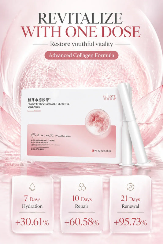 Product packaging with text 'Revitalize With One Dose' and 'Advanced Collagen Formula'