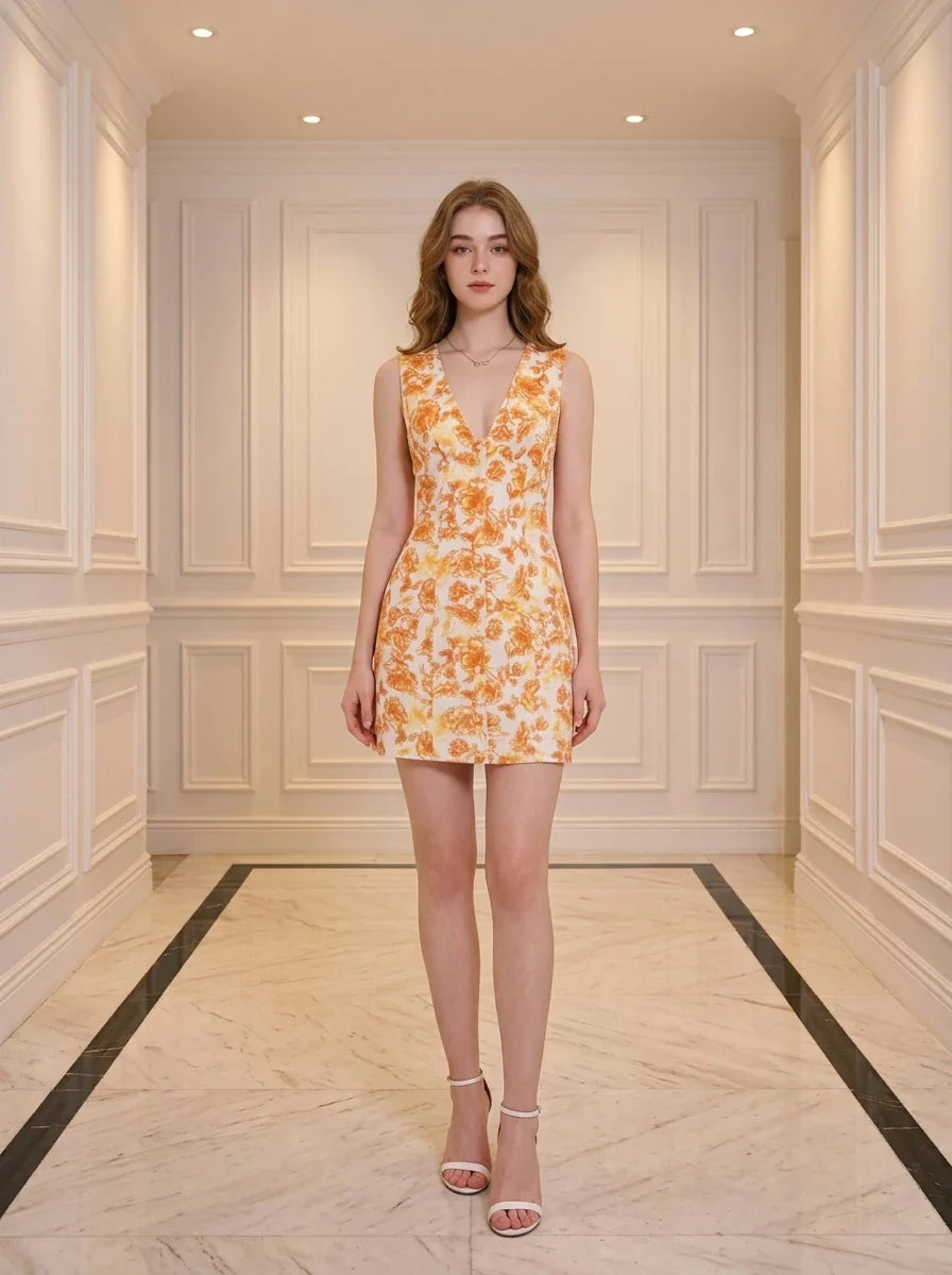 Vibrant Orange Floral V-Neck Sleeveless Mini Dress